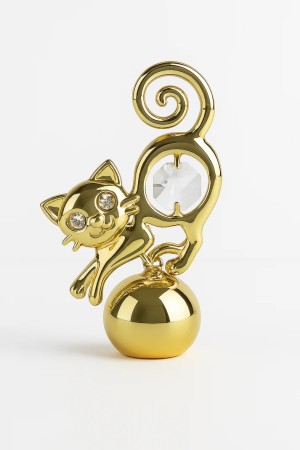 Verguld 24K goud Kattenbeeldje met Kristal & Fotohouder