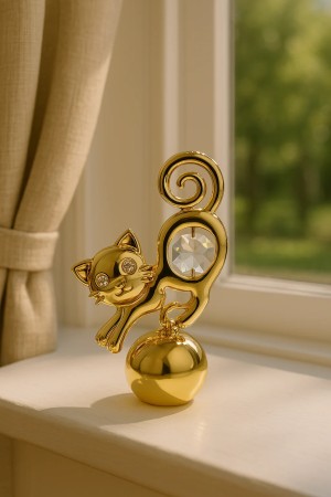 Verguld 24K goud Kattenbeeldje met Kristal & Fotohouder