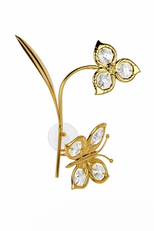  Gouden Vlinder & Bloem Ornament – 24K Verguld met Kristallen – Met Zuignap
