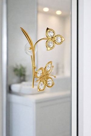 Gouden Vlinder & Bloem Ornament – 24K Verguld met Kristallen – Met Zuignap