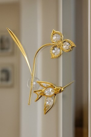 24K Vergulde Hummingbird Blossom – Luxe Kristal Decoratie met Zuignap
