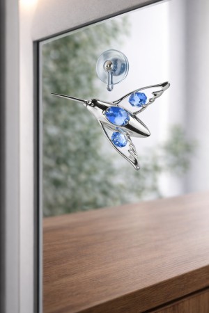 	 Zilveren Kolibrie met Blauwe Kristallen – Luxe Decoratie Beeldje
