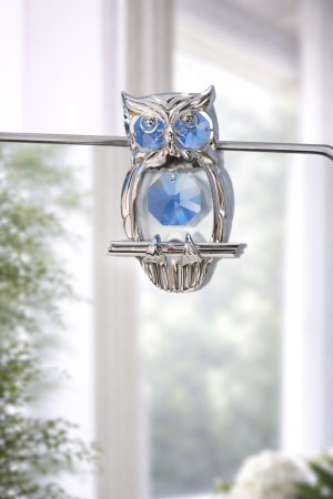 	 Zilveren Uil met Blauwe Kristallen – Luxe Decoratie & Raamhanger