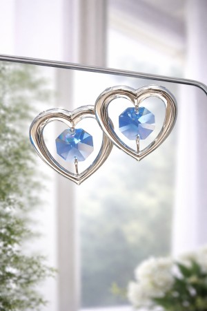 Dubbel Hart met Blauwe Kristallen – Zilverkleurige Luxe Raamhanger